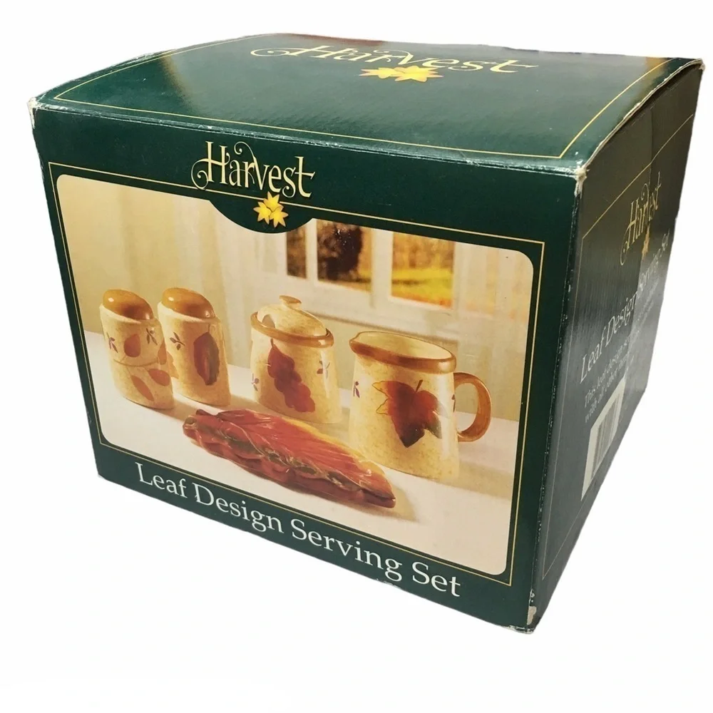 HARVEST Leaf Design Serving Set Thanksgiving Creamer Sugar Salt Pepper Ceramic